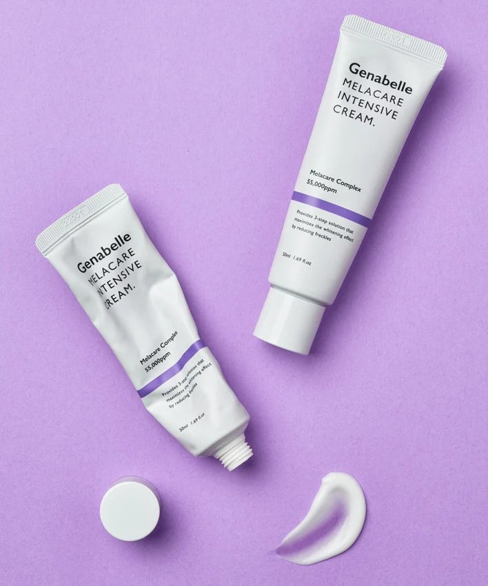 Crème GENABELLE Melacare Intensive Cream 50ml sur fond violet, ouverte avec une noisette de crème à côté du tube.