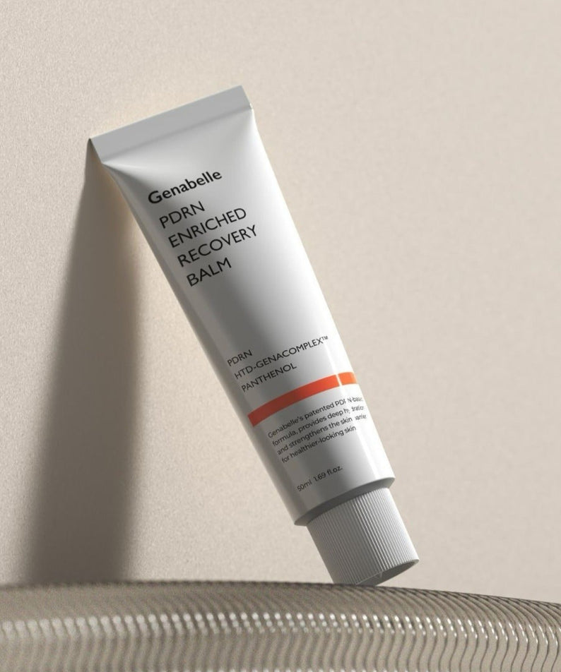 Crème de récupération GENABELLE PDRN Enriched Recovery Balm 50ml sur fond beige, idéale pour les soins de la peau.
