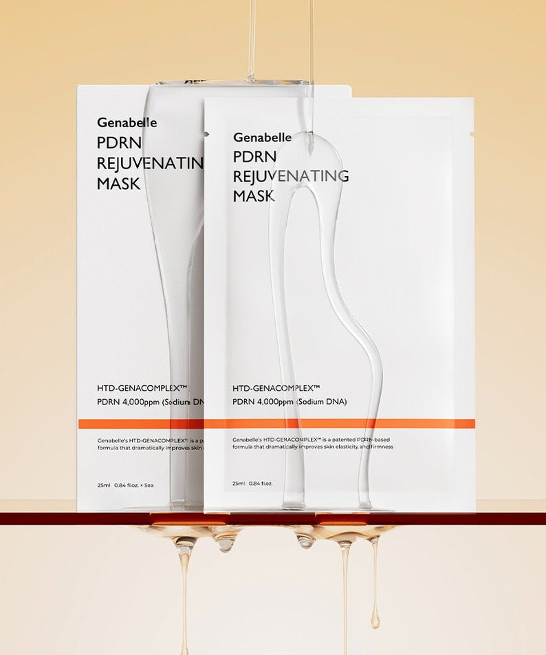 Masques GENABELLE PDRN Rejuvenating Mask 5ea, revitalisants sur fond beige élégant avec détails de texture de liquide.