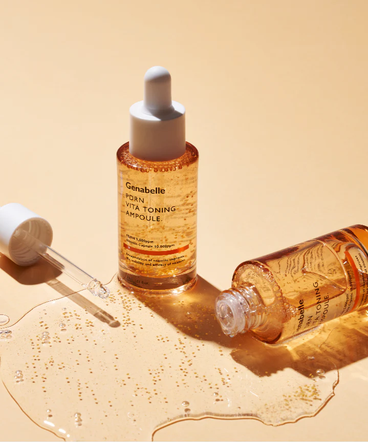 GENABELLE PDRN Vita Toning Ampoule 70ml en flacons avec pipettes sur fond doré, éclat et hydratation assurés.