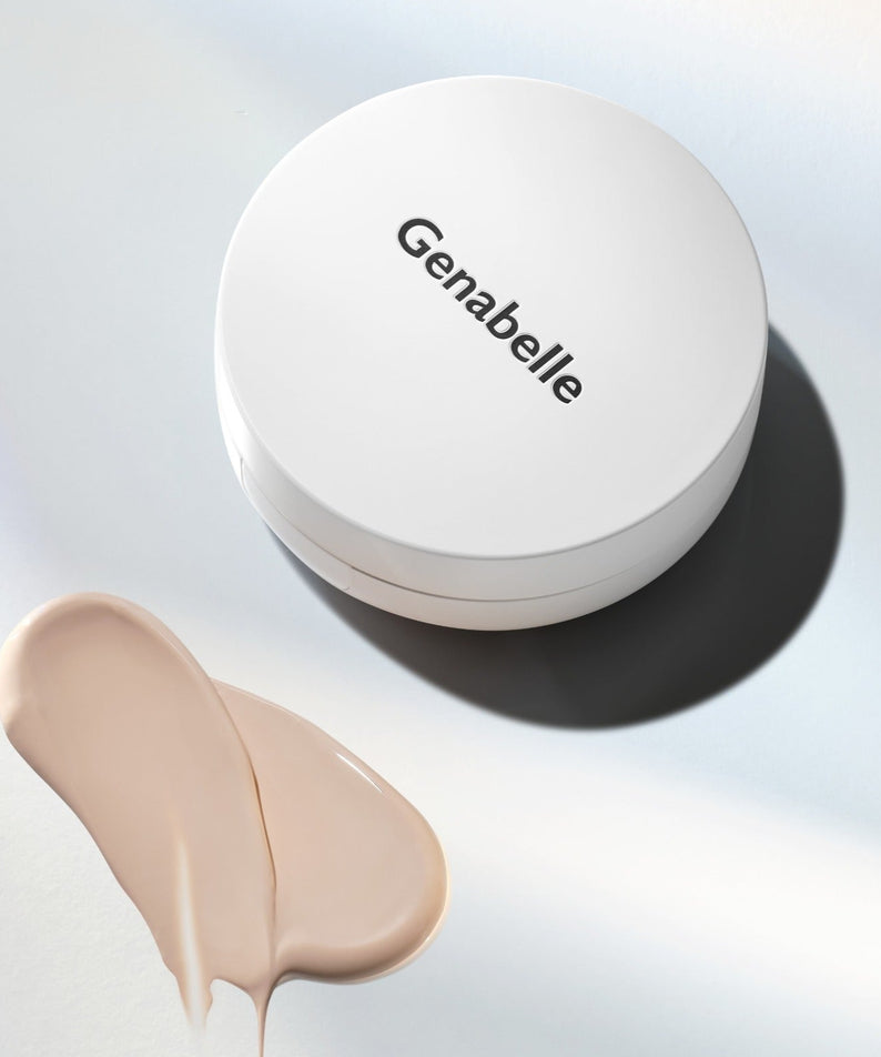 GENABELLE RX Derma Sheild Cushion 15g, produit cosmétique essentiel avec étui blanc élégant et texture crémeuse beige.