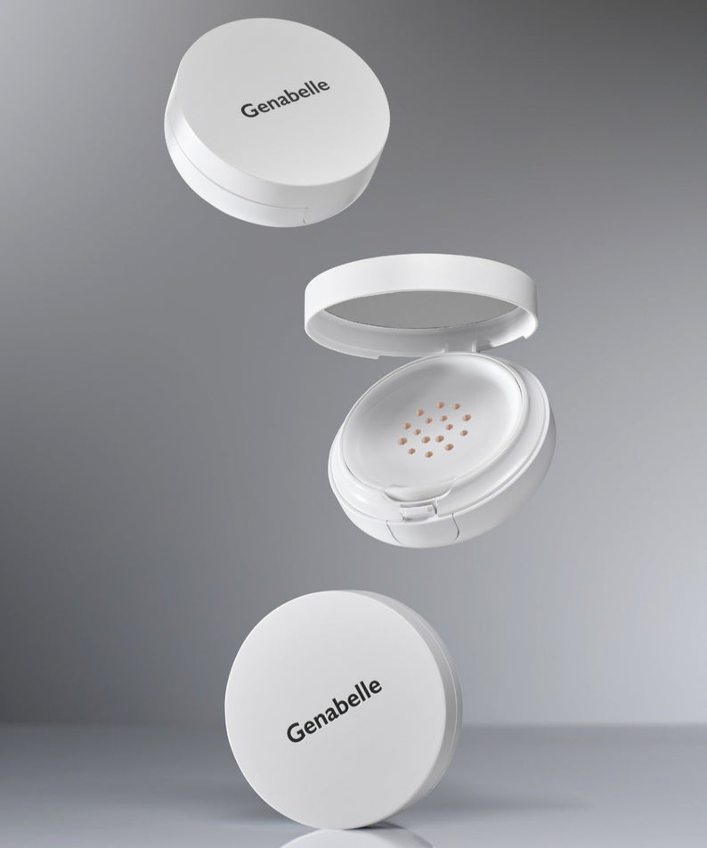 GENABELLE RX Derma Sheild Cushion 15g, maquillage soin de la peau en suspension, élégant boîtier blanc sur fond gris.