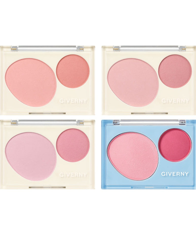 GIVERNY Fluffy Dual Blusher 7.4g, blusher en duo dans un écrin, tons roses et mauves sur fond blanc.
