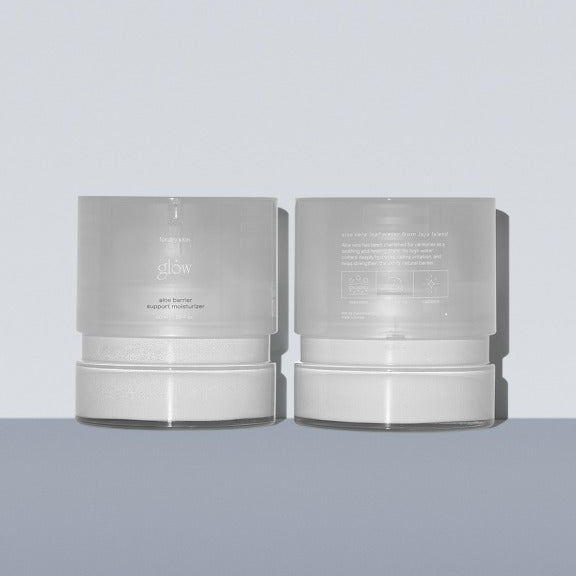GLOW Aloe Barrier Support Cream 50ml de la marque Glow, pots blanc crème avec aloe, fond clair minimaliste. 