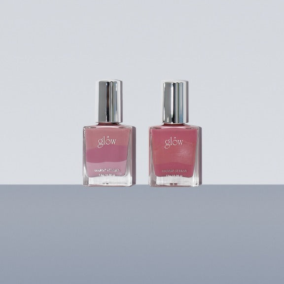 GLOW Cocktail Oil Blusher 7.5g de la marque Glow, deux flacons de blush rosé sur fond clair, photo produit.