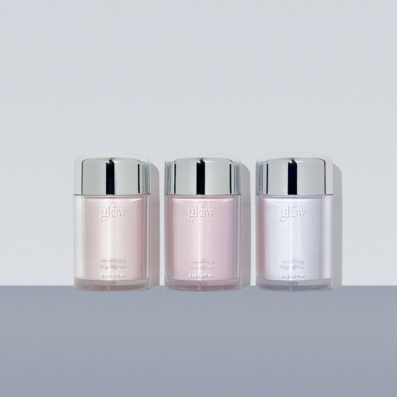 GLOW Seasoning Highlighter, trois flacons “glow” sur fond blanc, rendu brillant, marque glow visible.
