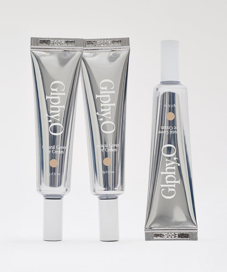 GLPHYO Natural Cover Eye Cream 15g, tubes et flacon sur fond clair, marque GLPHYO, crème contour des yeux