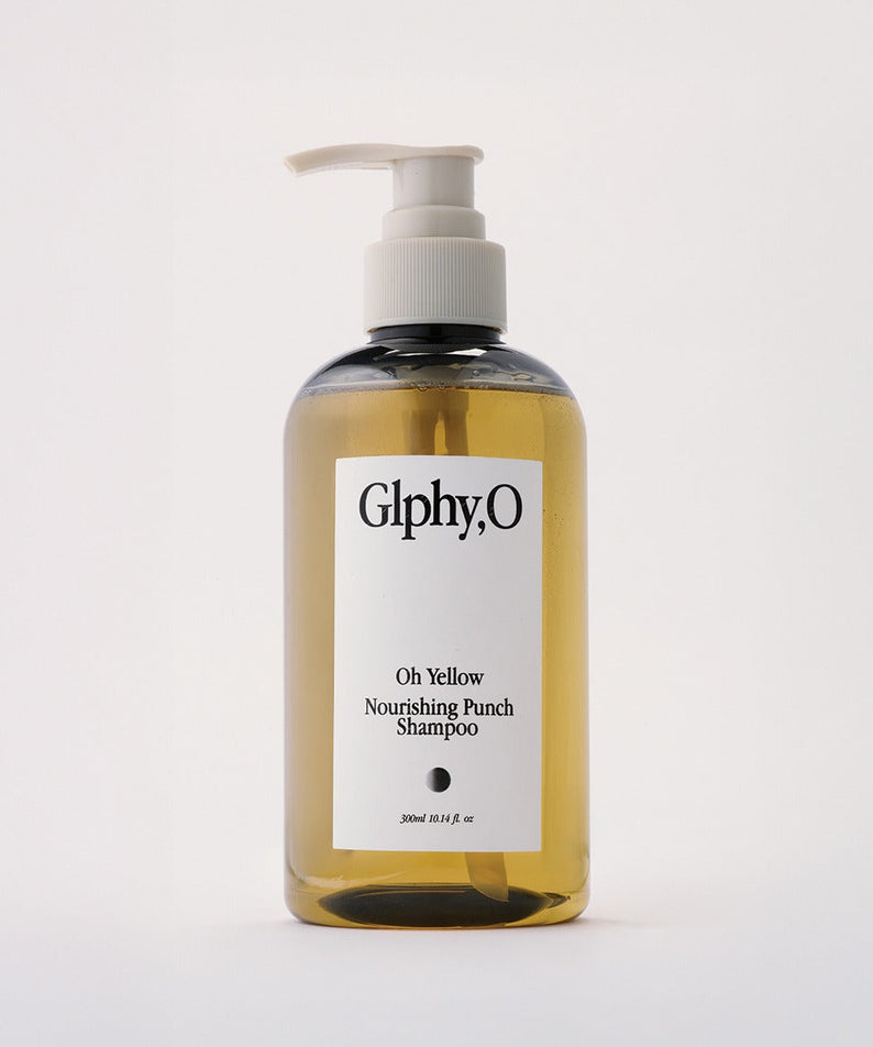GLPHYO Oh Yellow Nourishing Punch Shampoo 300ml de la marque GLPHY, flacon pompe sur fond blanc, couleur jaune.