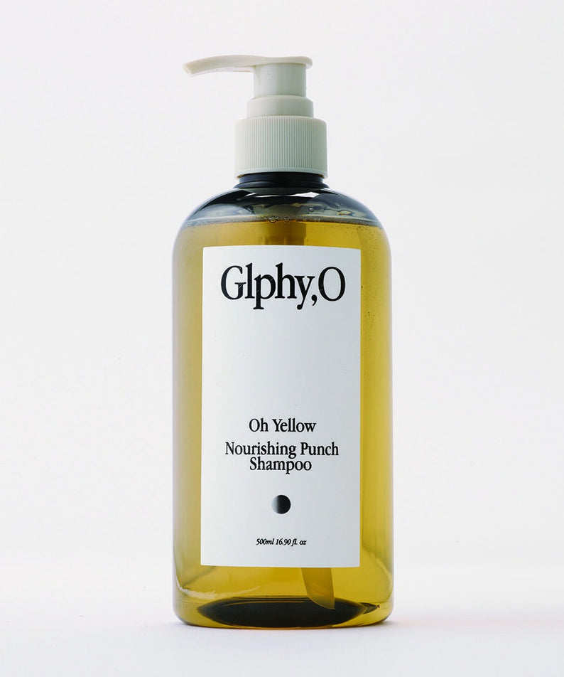 GLPHYO Oh Yellow Nourishing Punch Shampoo 500ml, flacon jaune à pompe, marque GlphyO sur fond blanc