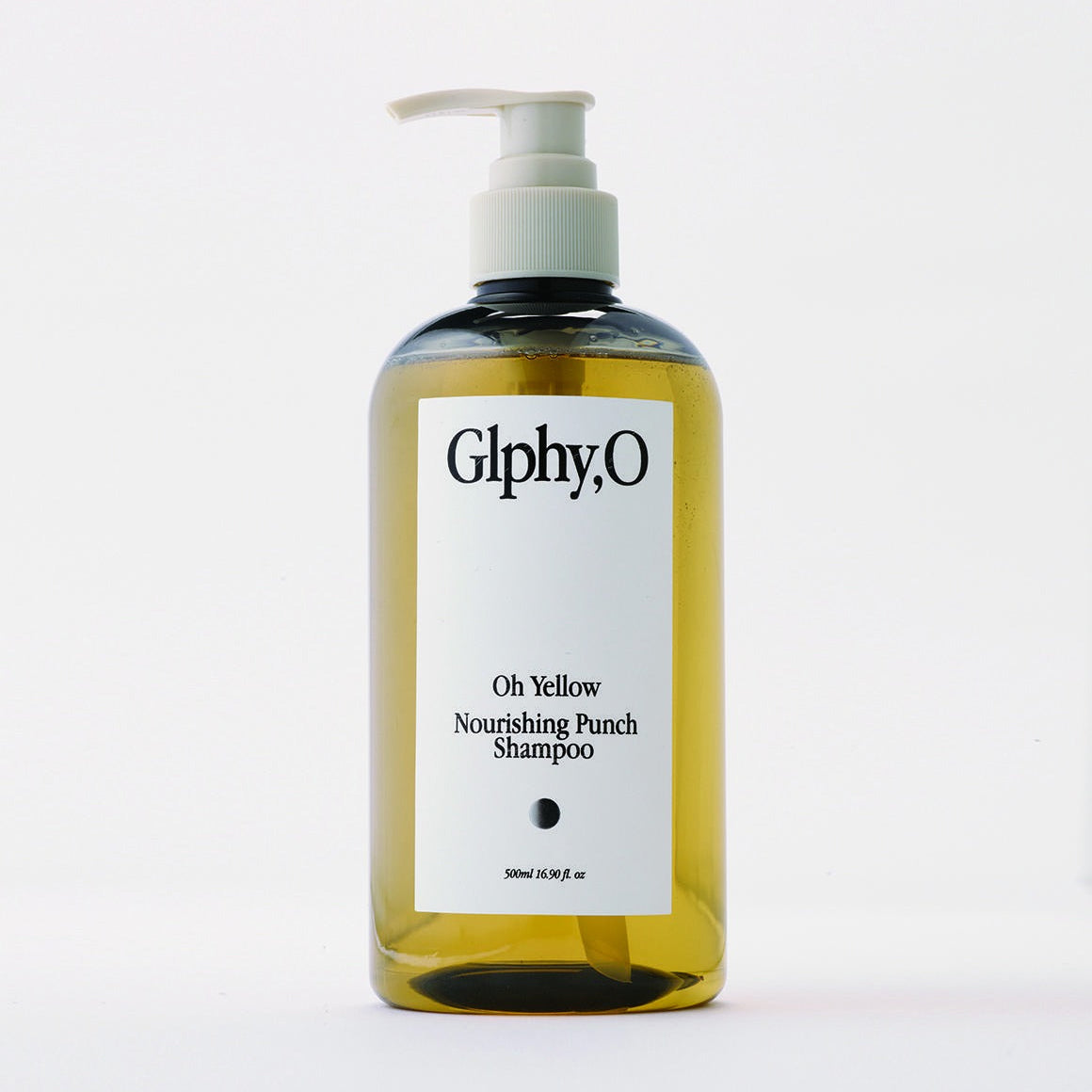 GLPHYO Oh Yellow Nourishing Punch Shampoo 500ml, flacon jaune à pompe, marque GlphyO sur fond blanc