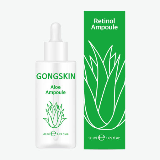 GONGSKIN  Aloe Ampoule 50ml, flacon et boîte avec illustration d’aloe, produit de soin sur fond clair.