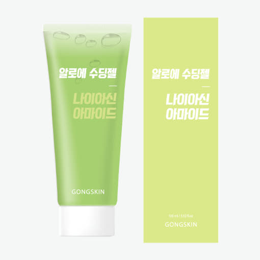 GONGSKIN  Aloe Niacinamide Massage Soothing Gel 100ml, gel apaisant vert avec tube produit sur fond clair.
