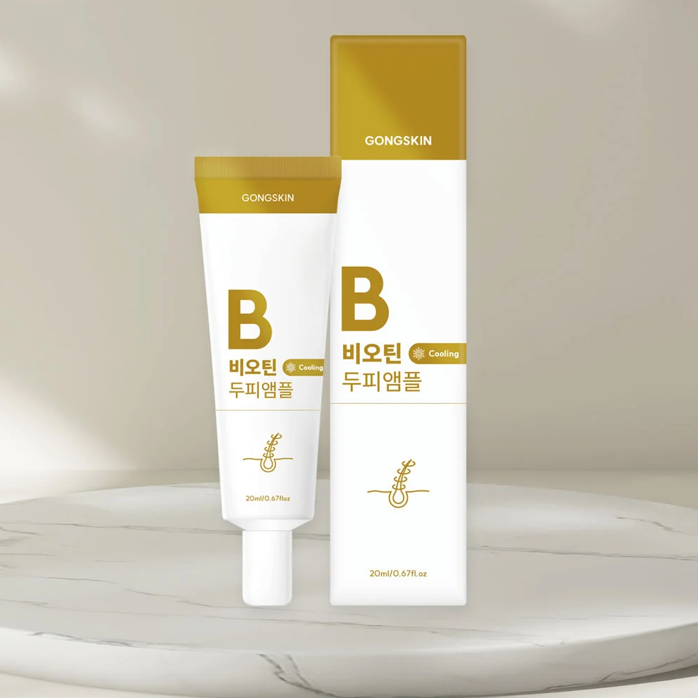 GONGSKIN   Biotin Cooling Scalp Ampoule 20ml, flacons sur marbre, présentation produit marque GONGSKIN (contexte beauté)
