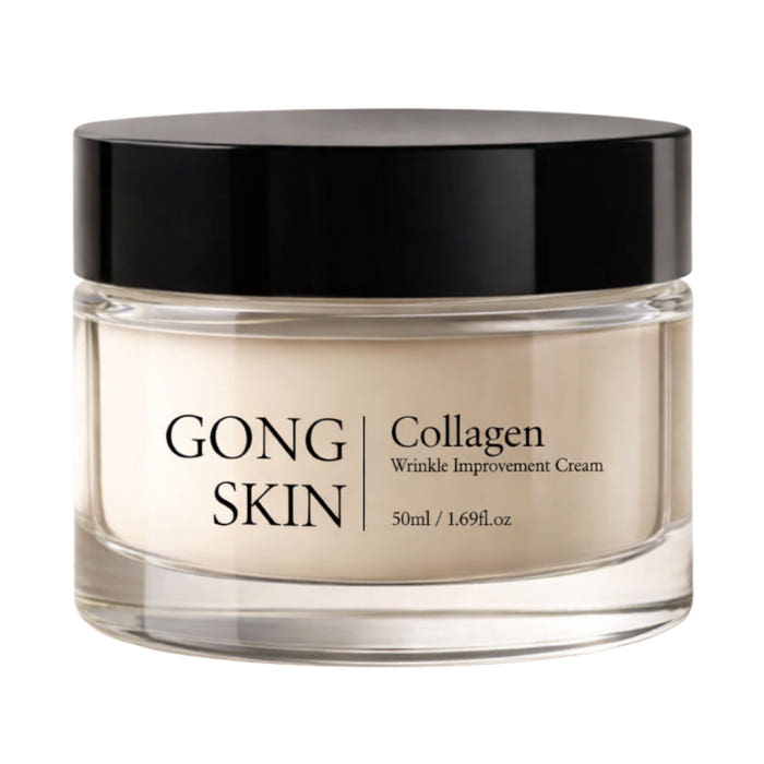 GONGSKIN Collagen Wrinkle Improvement Cream 50ml, pot noir et transparent sur fond clair, flacon marque GONGSKIN