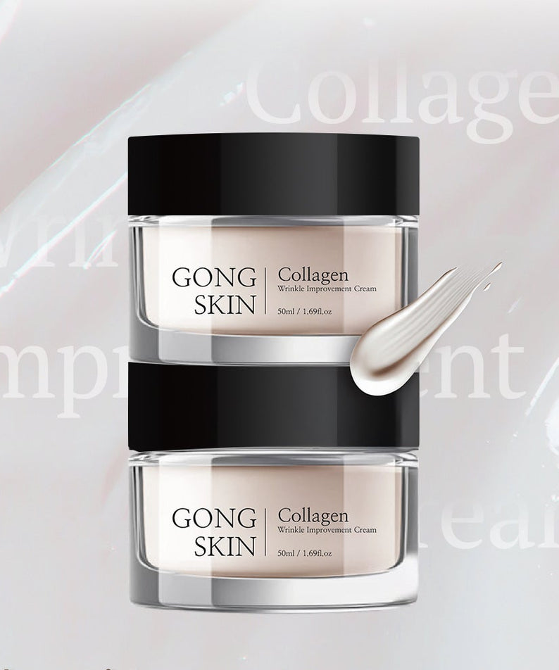 Décris l'image en français : GONGSKIN Collagen Wrinkle Improvement Cream 50ml, pots, marque GONGSKIN, fond blanc apaisant.