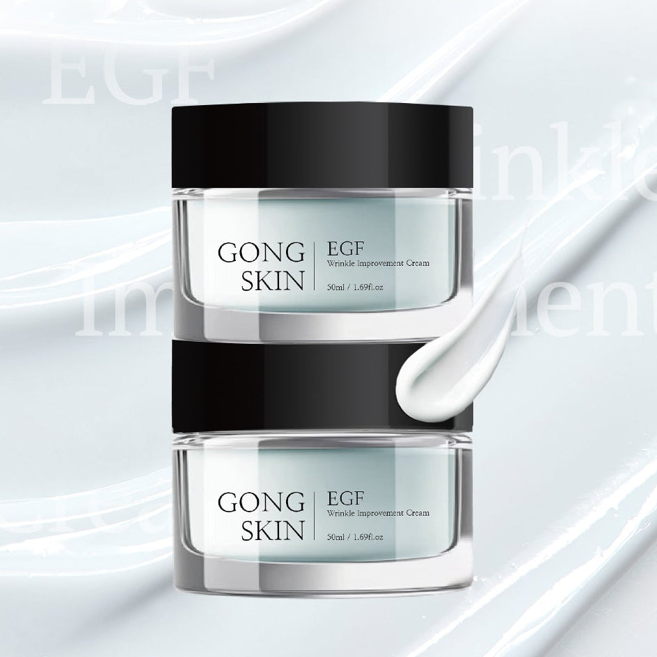 GONGSKIN EGF Wrinkle Improvement Cream 50ml, crème anti-rides de GONGSKIN sur fond blanc et vaporisateurs stylisés.