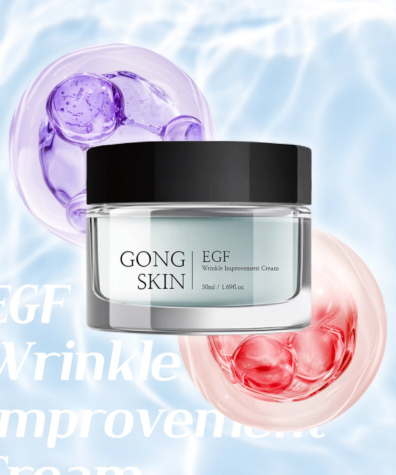 GONGSKIN EGF Wrinkle Improvement Cream 50ml, pot sur fond aquarelle avec gouttes, marque GONGSKIN, soin anti-rides