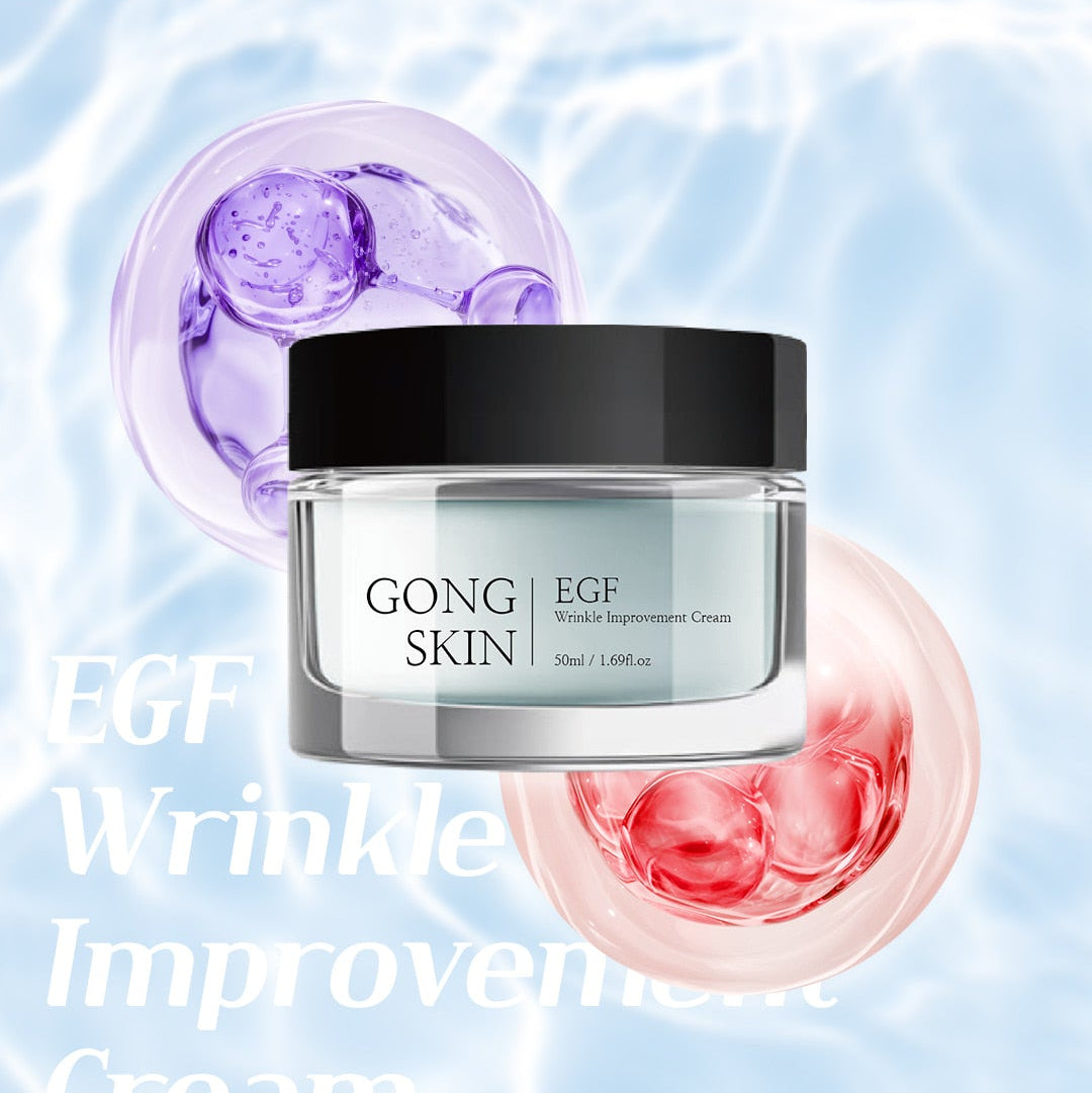 GONGSKIN EGF Wrinkle Improvement Cream 50ml, pot sur fond aquarelle avec gouttes, marque GONGSKIN, soin anti-rides