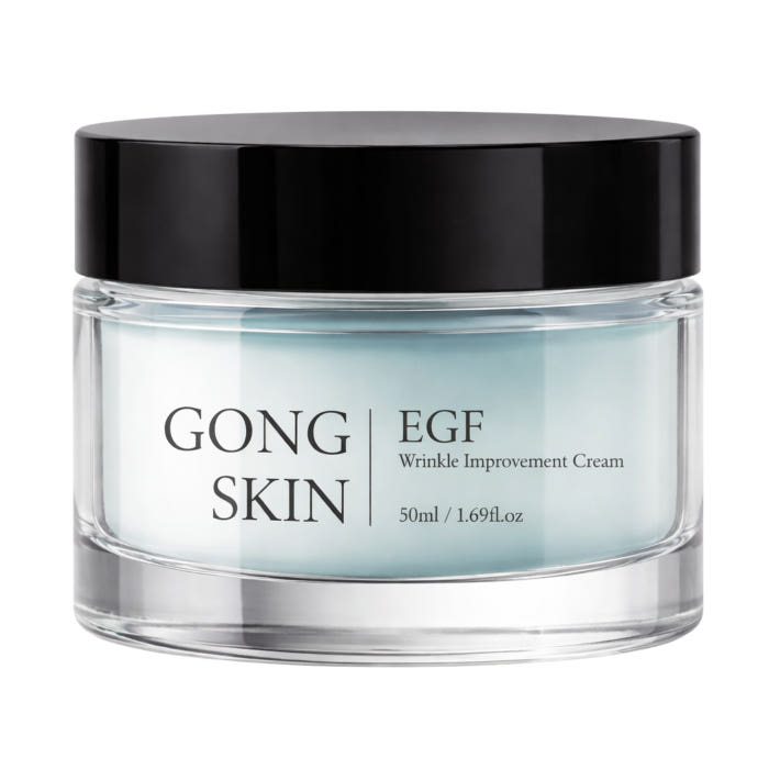 GONGSKIN EGF Wrinkle Improvement Cream 50ml, pot crème noir et bleu sur fond blanc, marque visible, vue produit.