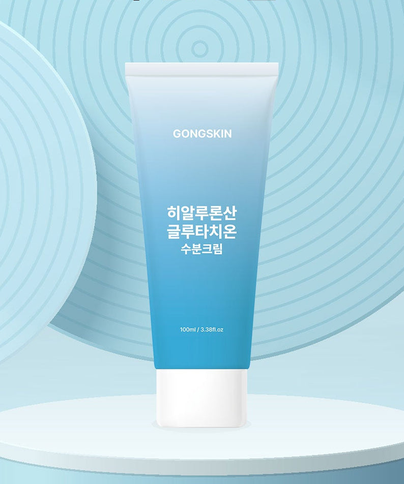GONGSKIN Hyaluronic Acid Glutathione Moisturizing Cream 100ml, tube sur fond bleu avec motifs spirales, vue produit