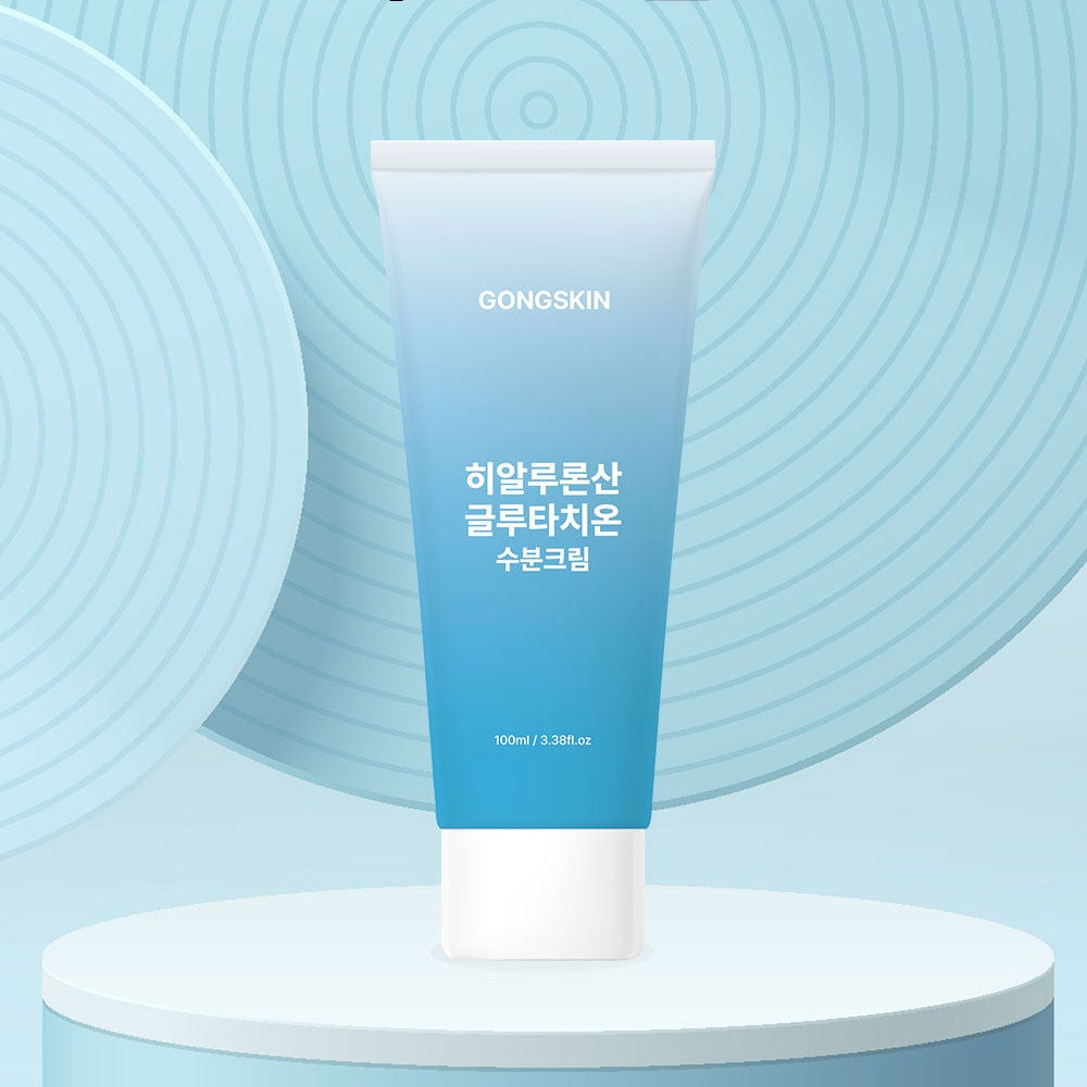 GONGSKIN Hyaluronic Acid Glutathione Moisturizing Cream 100ml, tube sur fond bleu avec motifs spirales, vue produit