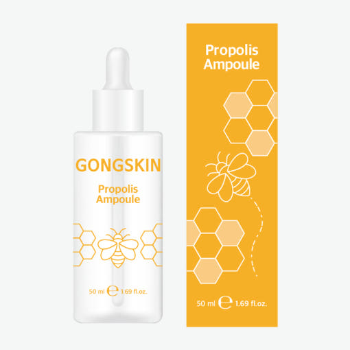 GONGSKIN  Propolis Ampoule 50ml, flacon sérum et étui jaune, produit de marque sur fond blanc