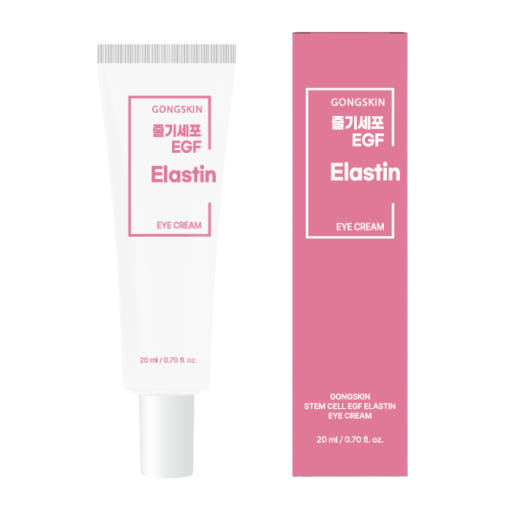 Décris l'image en français : GONGSKIN  Stem Cell EGF Elastin Eye Cream 20ml, tube crème contour des yeux, fond blanc et rose.