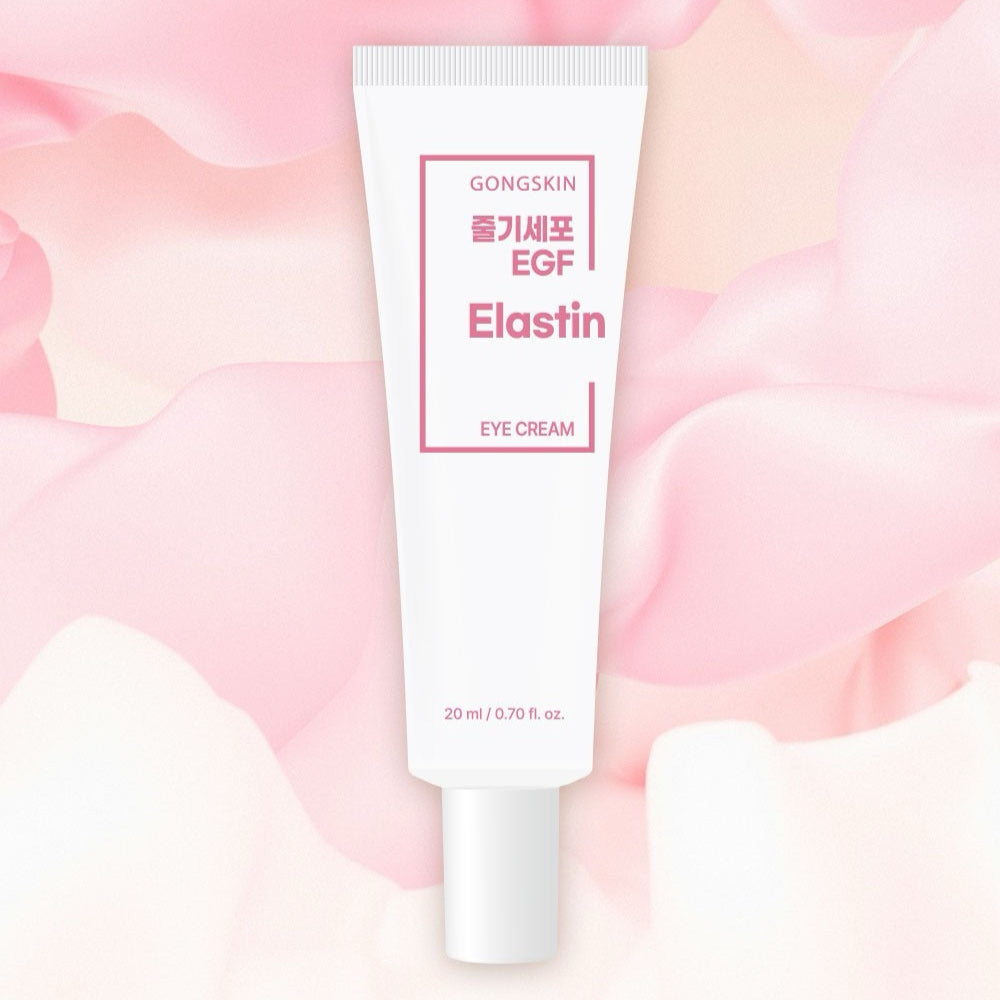 GONGSKIN  Stem Cell EGF Elastin Eye Cream 20ml, tube blanc sur fond rose fleurs, crème contour des yeux de la marque