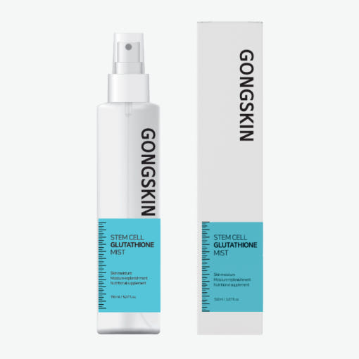 GONGSKIN  Stem Cell Glutathione Mist 150ml, brume visage, flacon et étui blanc/bleu sur fond clair, produit marque.