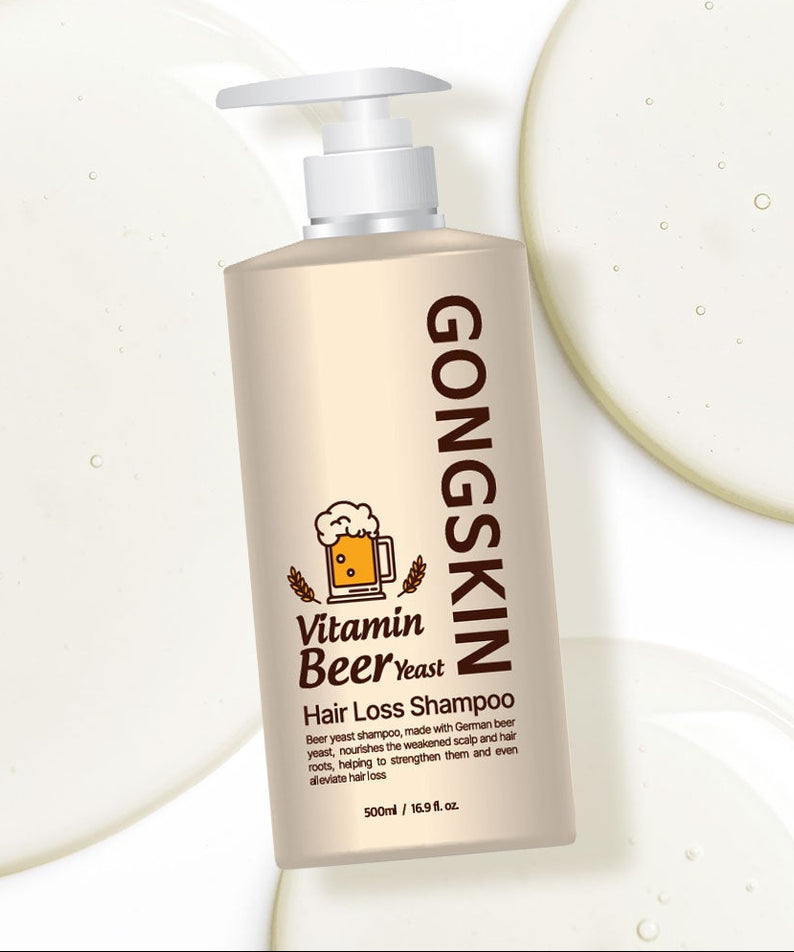 GONGSKIN Vitamin Beer Yeast Hair Loss Shampoo 500ml de la marque GONGSKIN, flacon sur fond blanc, contexte cosmétique.