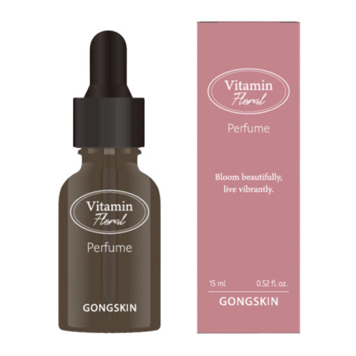 GONGSKIN   Vitamin Floral Oil Perfume 15ml, flacon en verre et étui rose, produit cosmétique sur fond blanc