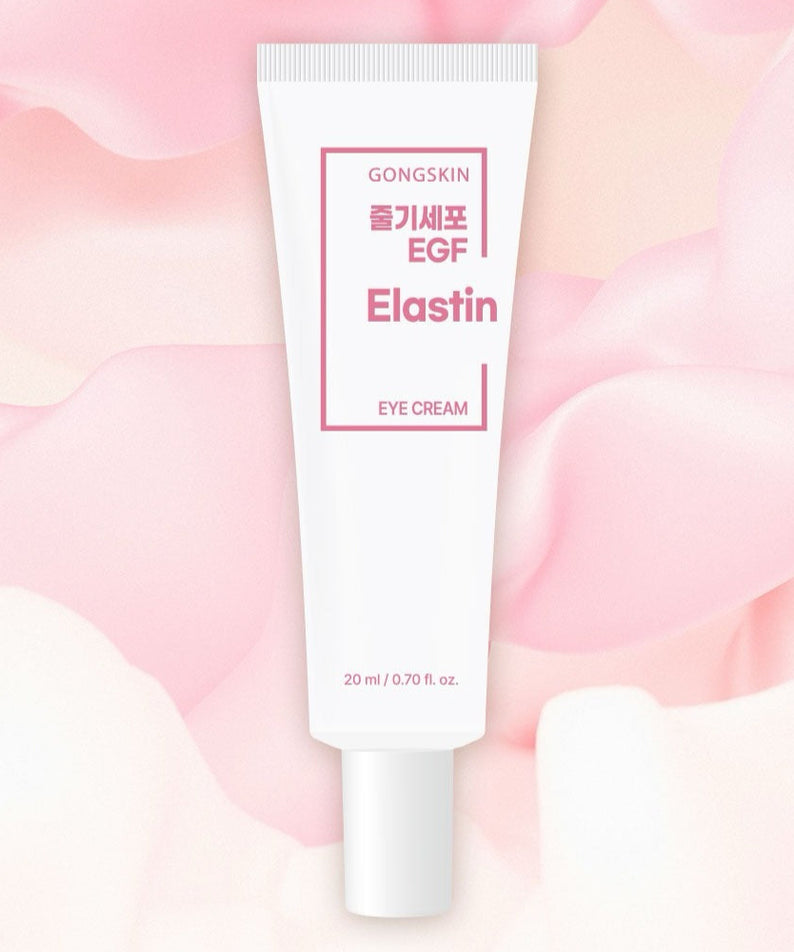 GONGSKIN Stem Cell EGF Elastin Eye Cream 20ml en tube sur fond rose, soin anti-âge pour yeux.