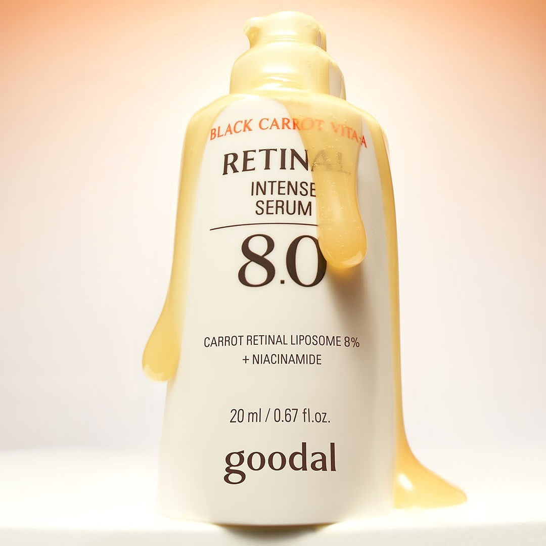 GOODAL Black Carrot Vita A Retinal Intense Trace Serum 8.0 20ml : flacon crème sur fond clair, contexte cosmétique.
