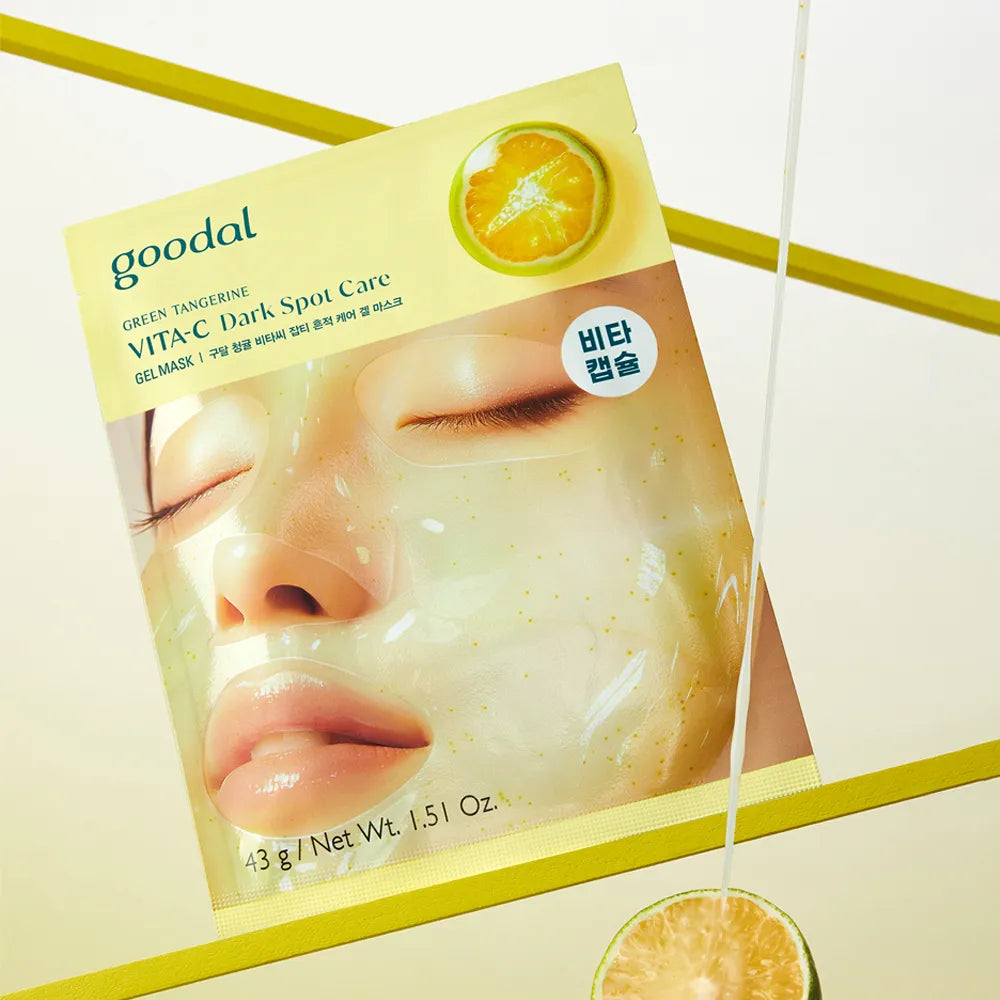 GOODAL Gel Mask (Green Tangerine/Eoseongcho) de Goodal, masque gel sur étui de produit, affiche verte avec agrume