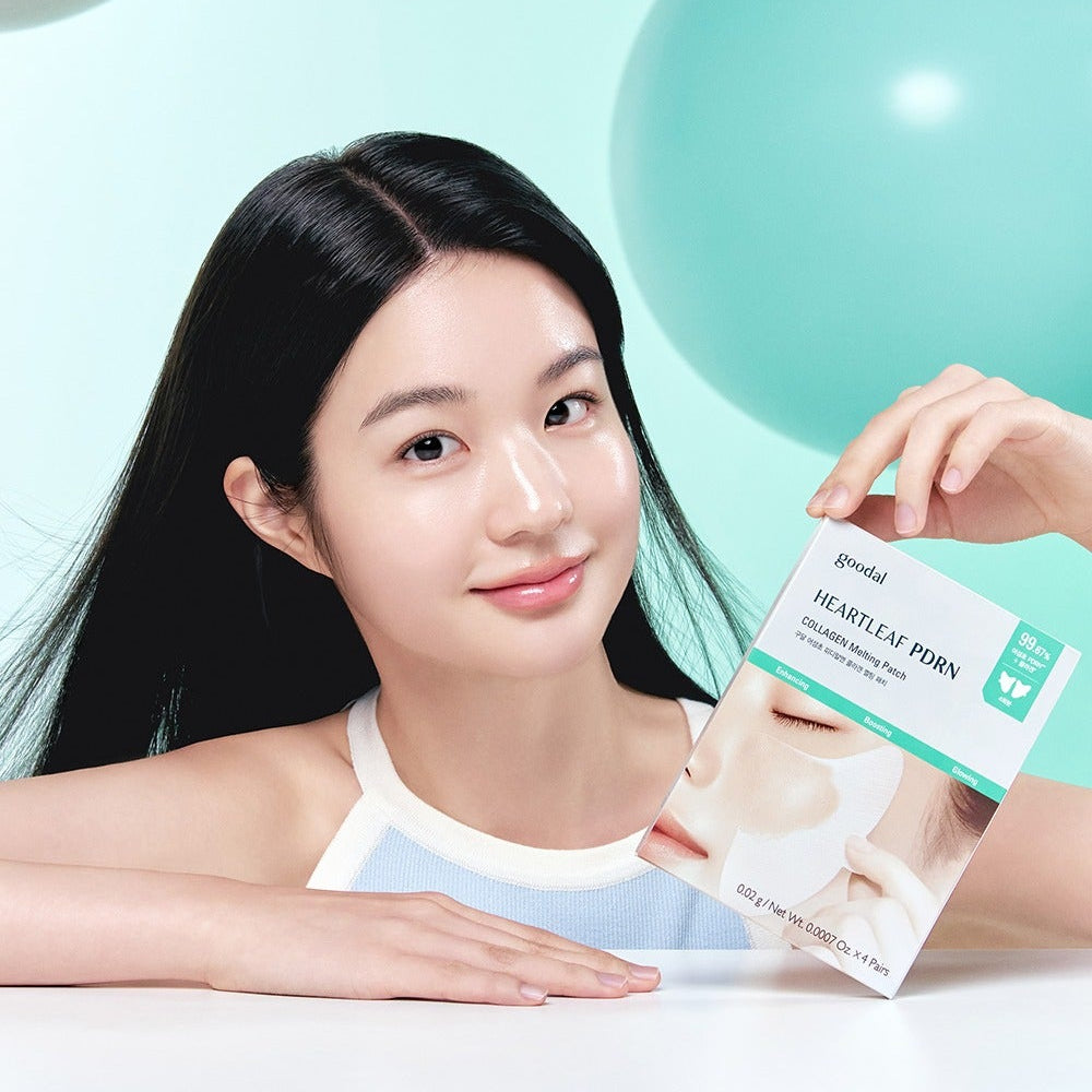 GOODAL Heartleaf PDRN Collagen Melting Patch (4 sheets) : la marque présente le patch sur une femme, fond bleu clair.
