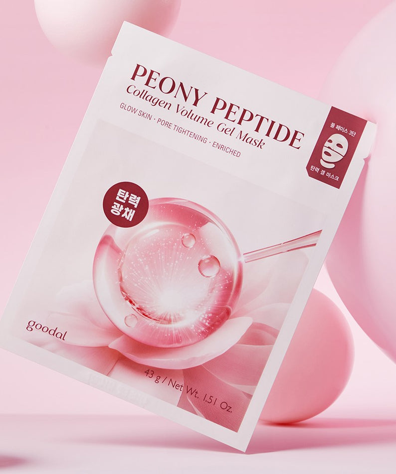 GOODAL Peony Peptide Collagen Volume Gel Mask sur fond rose avec bulles roses, emballage embellissant la peau et renouvelant le collagène.