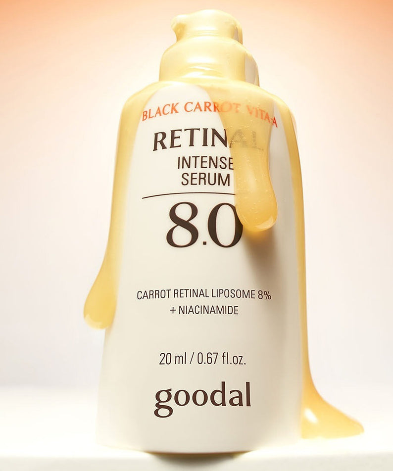 Sérum GOODAL Black Carrot Vita A Retinal Intense Trace Serum 8.0 20ml exposé, produit de soin éclat du visage, flacon crème et cuivre.