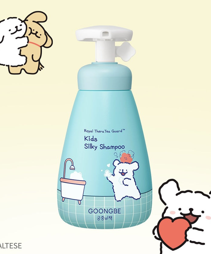 GOONGBE  Kids Silky Shampoo 300ml [Gungjungbicheok x Maltese] : flacon bleu pour enfants avec mascottes maltese, visuel produit.