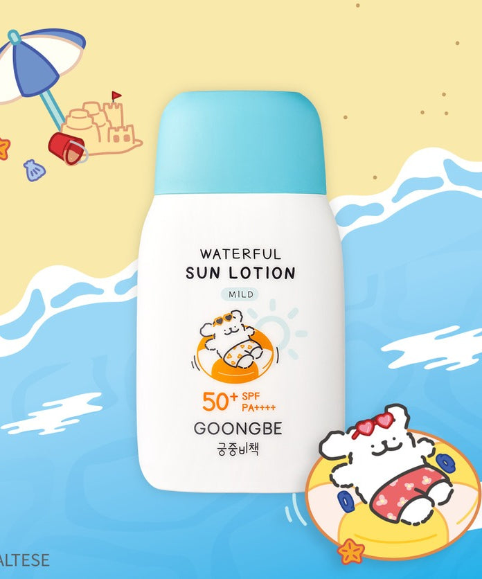 GOONGBE  Waterfull Sun Lotion Mild 80g [Gungjungbicheok x Maltese], crème solaire illustrée, plage/soleil, visuel cartoon Maltesé