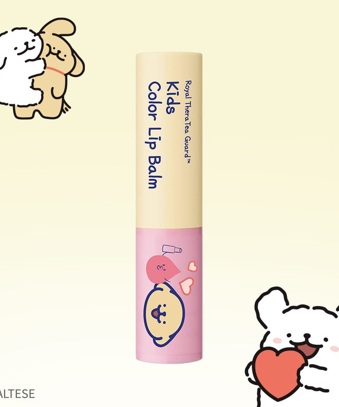 GOONGBE Kids Color Lip Balm 3.3g [Palace Secret x Maltese], baume à lèvres pour enfants en tube rose avec illustrations mignonnes.