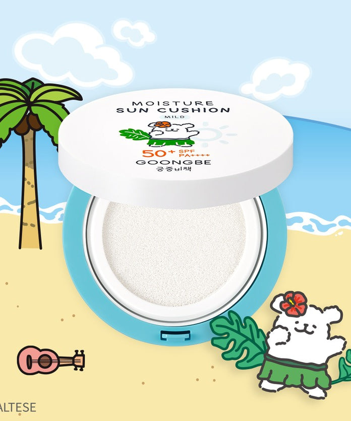 GOONGBE Moisture Sun Cushion Mild 14g [Gungjungbicheok x Maltese], protection solaire douce avec SPF élevée, design plage.