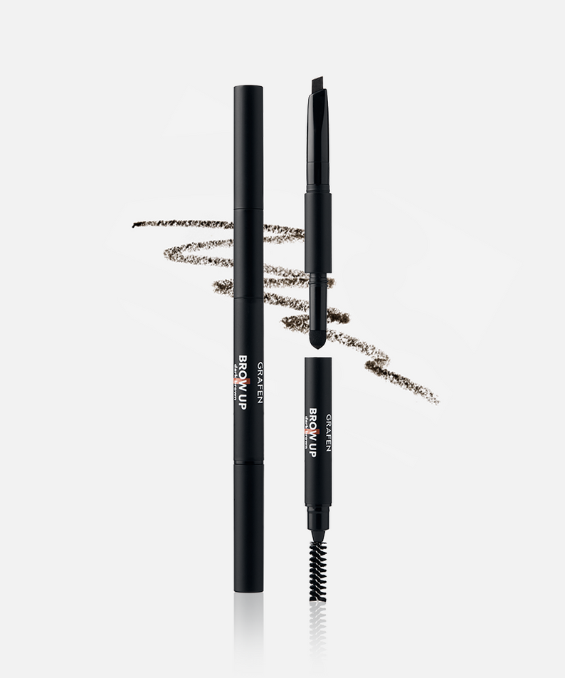 GRAFEN  Brow Up Brow Pencil 0.3g, crayon à sourcils noir sur fond clair, brosse et mine visibles, maquillage.