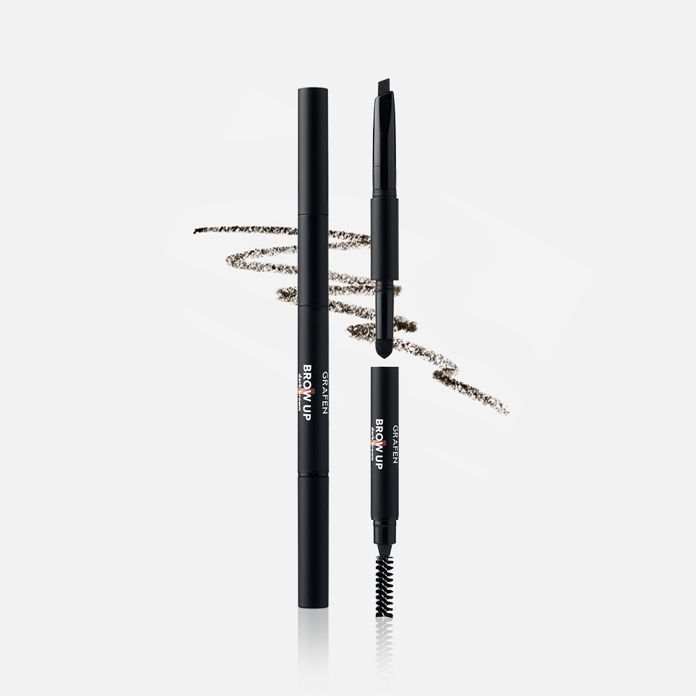 GRAFEN  Brow Up Brow Pencil 0.3g, crayon à sourcils noir sur fond clair, brosse et mine visibles, maquillage.