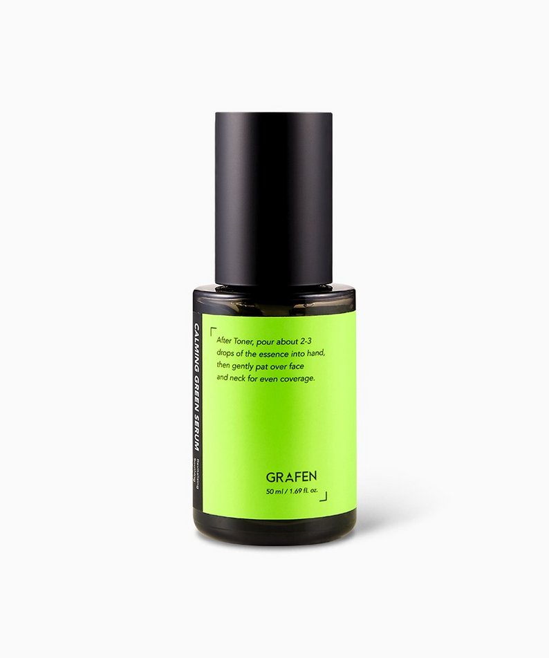 GRAFEN  Calming Green Serum 50ml : sérum vert apaisant sur fond clair, bouteille stylée, marque GRAFEN