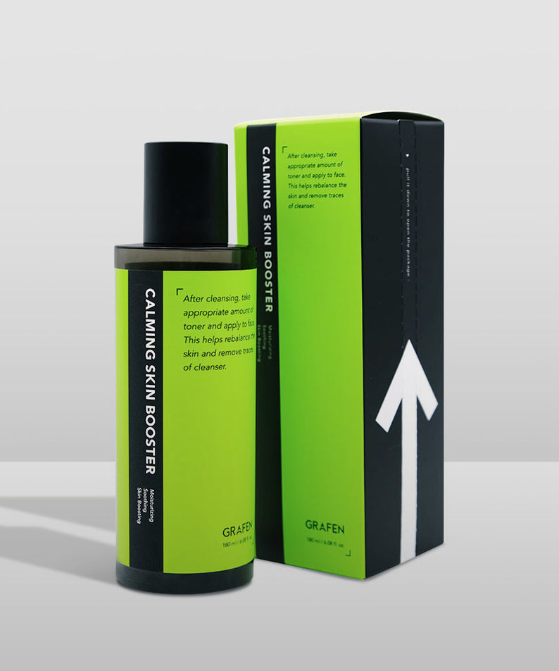 GRAFEN  Calming Green Skin 180ml, flacon et étui vert apaisant, pack cosmétique sur fond clair, photo produit.