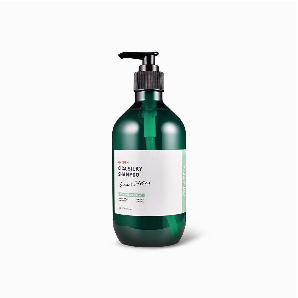 GRAFEN  Cica Silky Shampoo 500ml, flacon de shampooing vert à pompe sur fond blanc, branding produit.