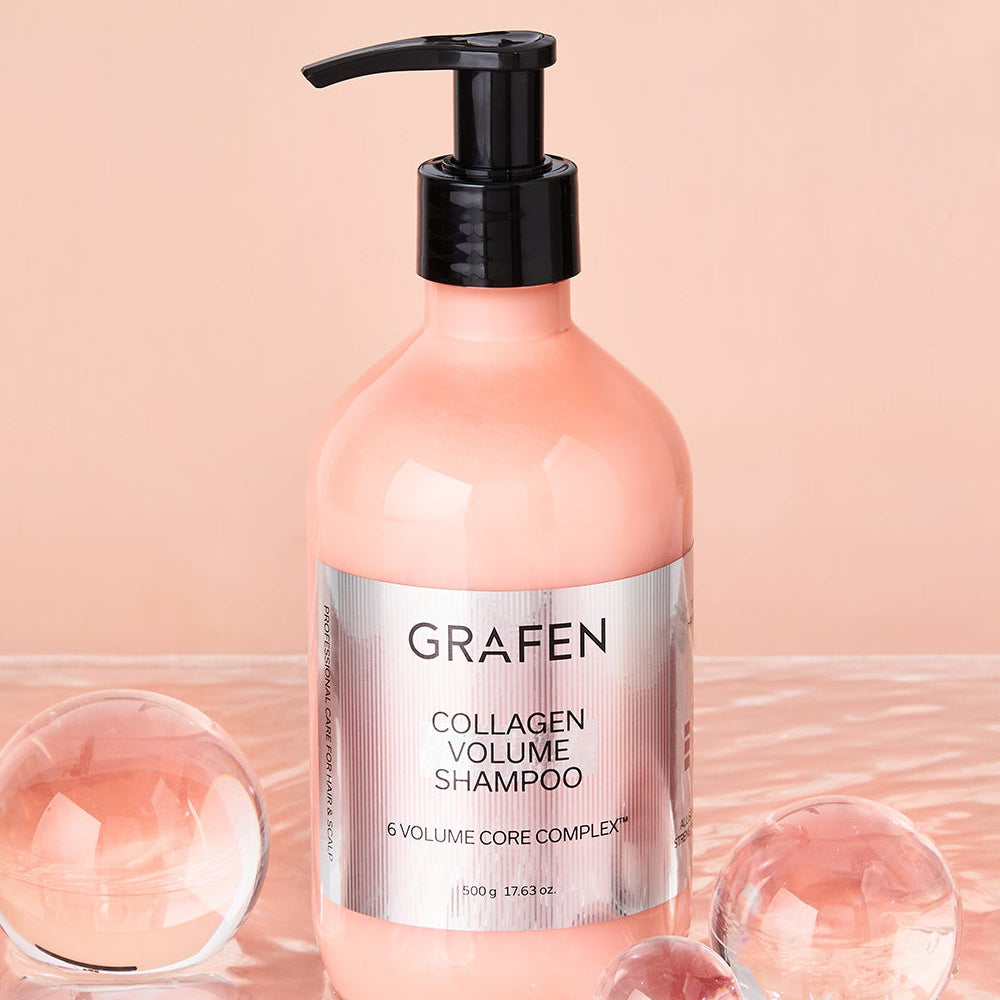 GRAFEN  Collagen Volume Shampoo 500ml, flacon pompe noir et rose sur fond pastel avec reflets, mise en scène beauté