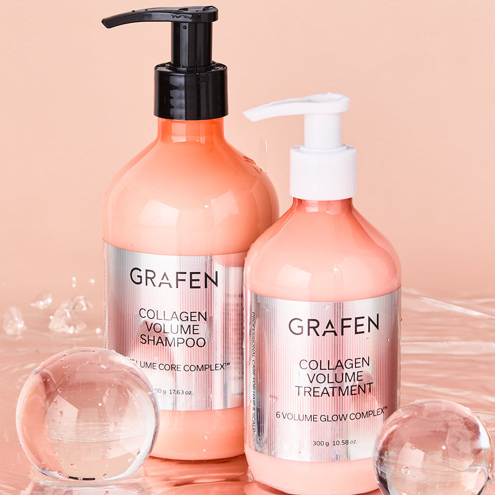 GRAFEN  Collagen Volume Shampoo 500ml en flacons roses sur fond rose, bulles et bulles cosmétiques, marque GRAFEN