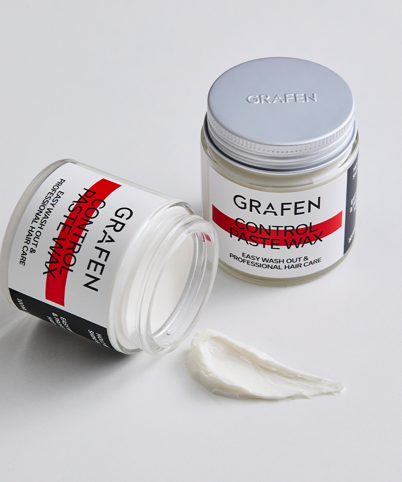 GRAFEN  Control Paste Wax 100ml : cire coiffante en pot et mèche sur fond blanc, marque GRAFEN visible.