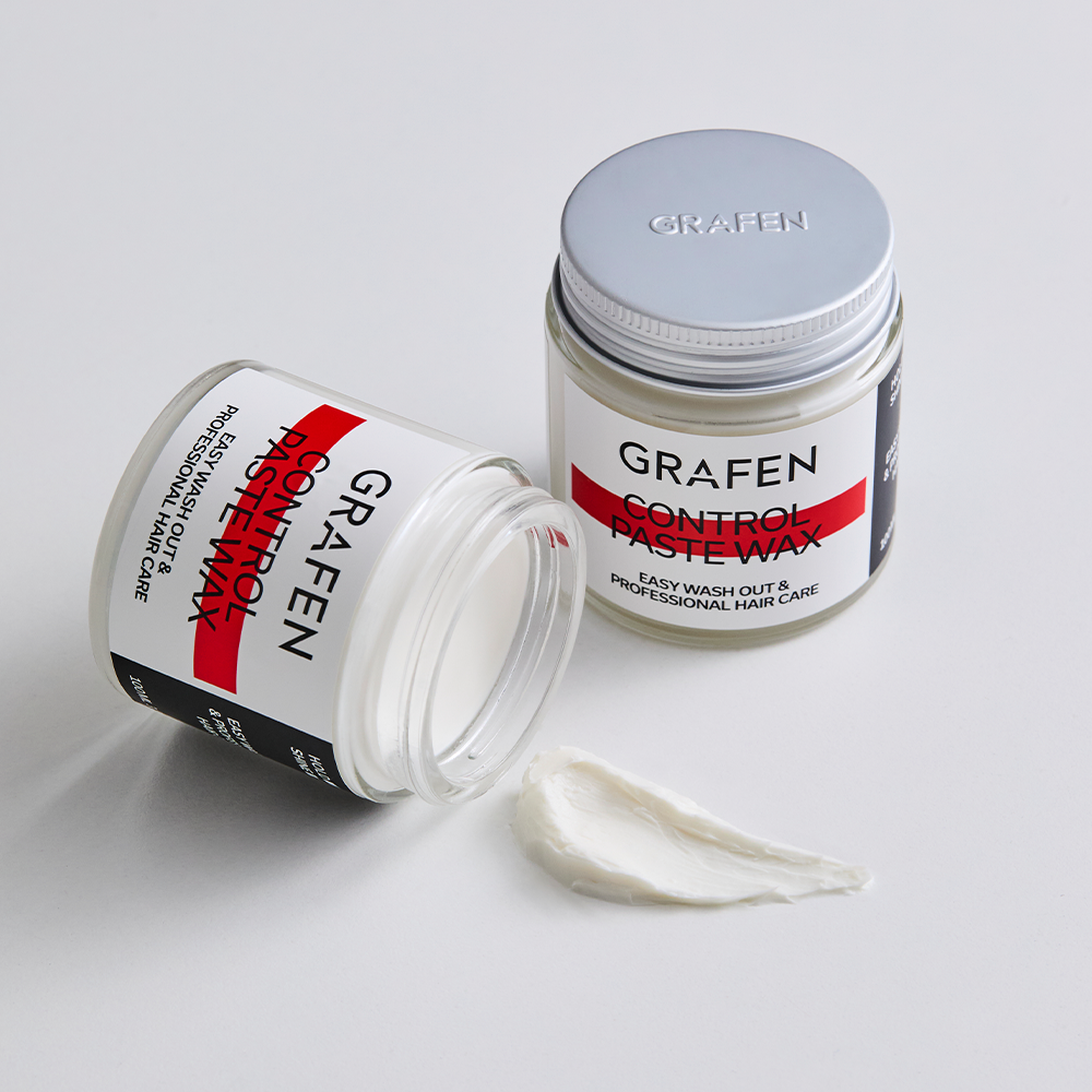 GRAFEN  Control Paste Wax 100ml : cire coiffante en pot et mèche sur fond blanc, marque GRAFEN visible.